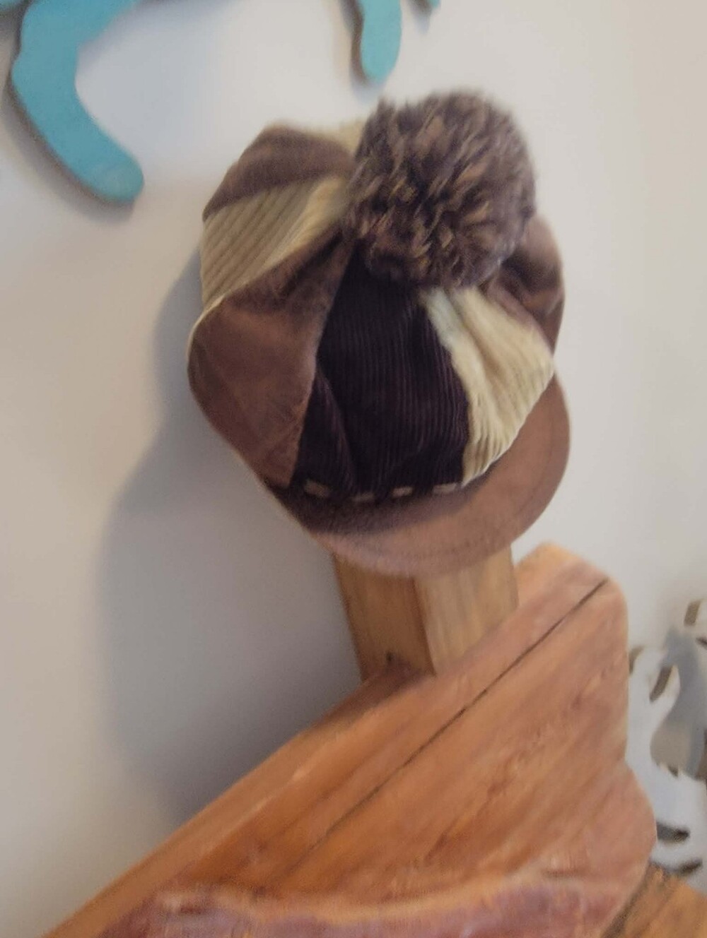 Vintage Look JCT Corduroy Patchwork Newsboy Cap w/Yarn Pom Pom - Picture 13 of 15